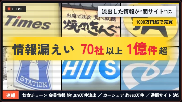 ニュース速報の画面。「情報漏えい 70社以上 1億件超」「流出した情報が“闇サイト”に 1000万円超で売買」のテロップ