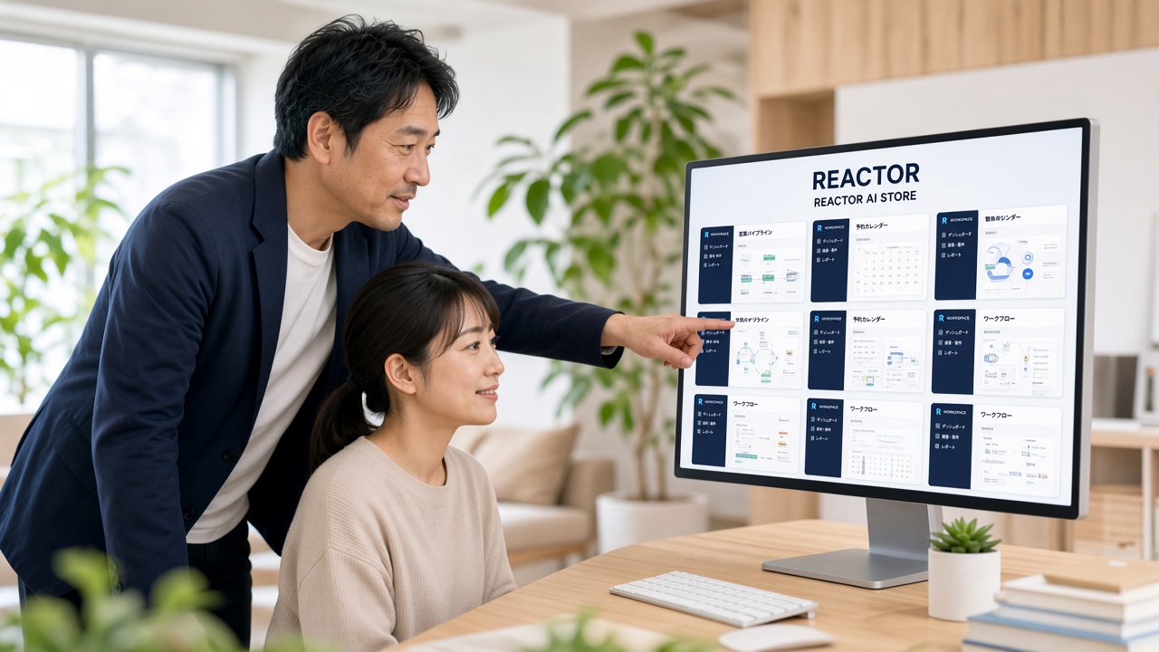 AIストアに並ぶReactorアプリを2人で選んでいる様子