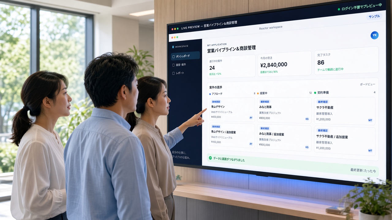 話した要望がそのままReactorの業務アプリとして生成されていく様子