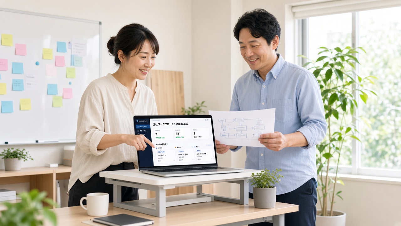 業務フロー図と生成されたReactorのアプリ画面を見比べる2人