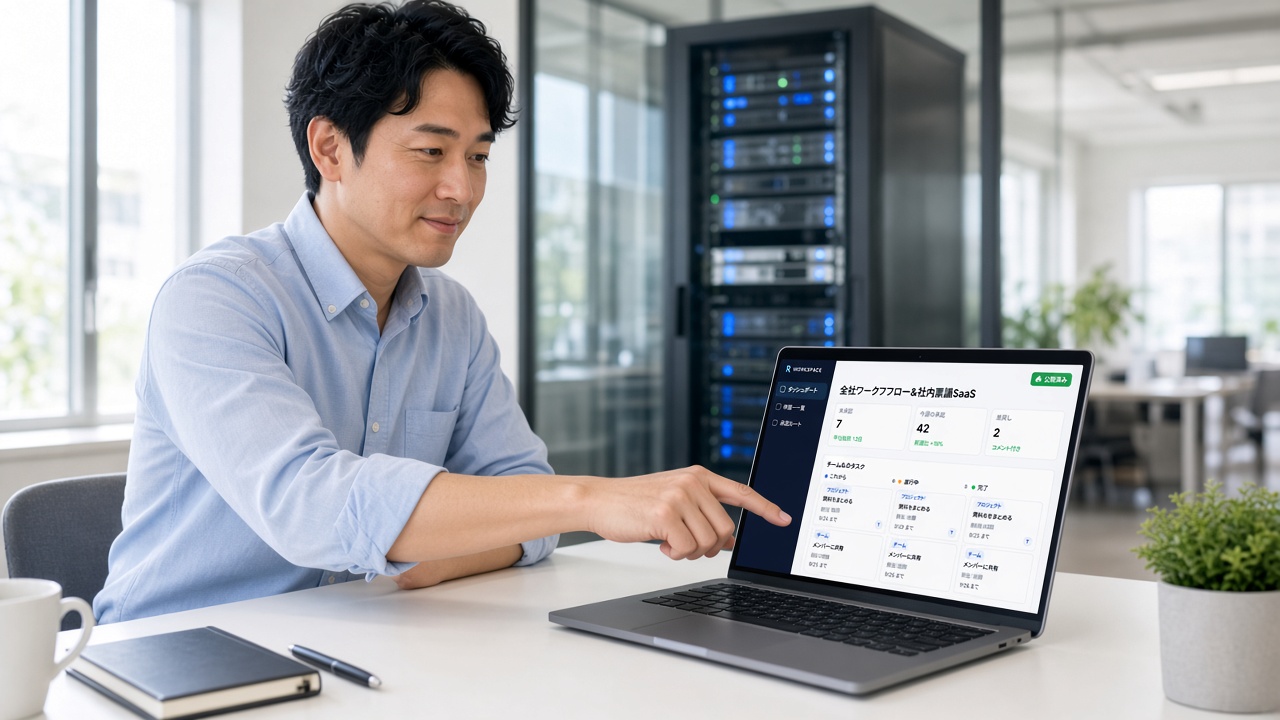 社内で公開ボタンを押すIT担当者