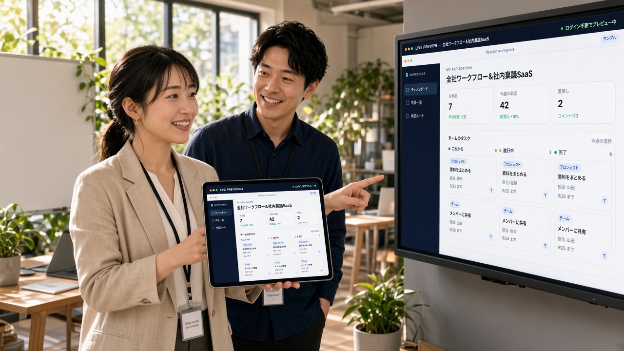 作ったアプリをタブレットで確認する明るいオフィスのチーム
